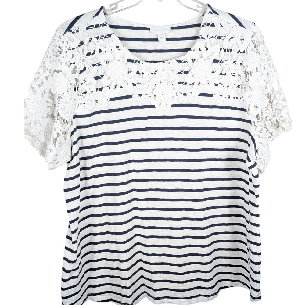 Charter Club Women's 3X Striped Top White Black‎ Lace Sleeve Plus Size